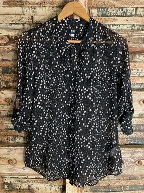 Kut from the Kloth Blouse Black and White Sheer Abstract Dot Print Button Top XS